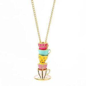 Multicolor Teacups & Saucers Necklace Drop Pendant Enameled Cups Gold Tone Chain